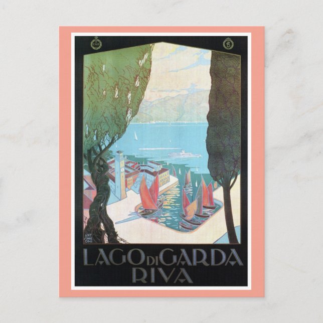 Postal Anuncio de viaje italiano del lago Garda Riva Vint (Anverso)