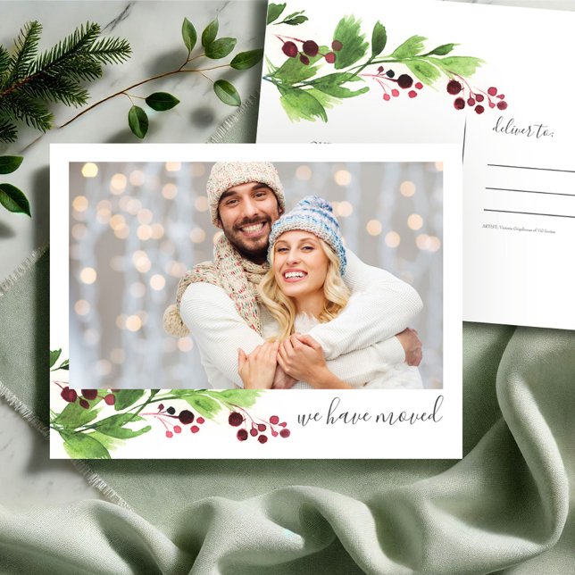 Postal Anuncio del nuevo viaje de vacaciones a casa (Christmas postcard photo new address moving announcement watercolor art by Victoria Grigaliunas)