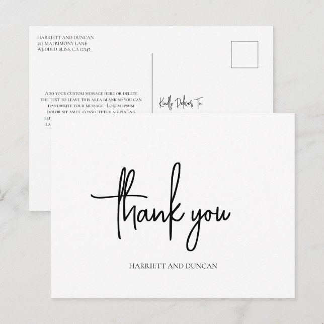 Postal Apenas una boda elegante blanca y negra gracias (Anverso / Reverso)