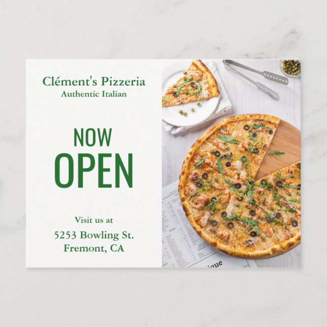 Postal Apertura de Pizzería | Ahora Abierto | Correo Dire (Anverso)