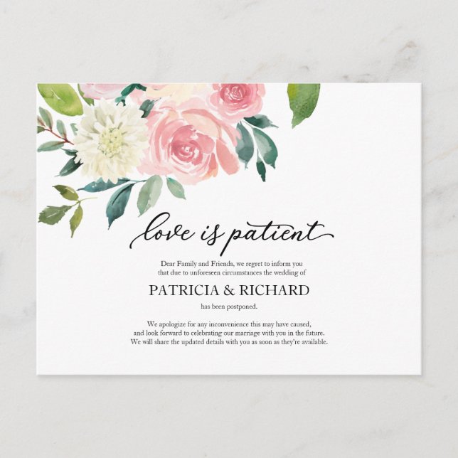 Postal Aplazamiento de Boda Floral Amor es Paciente Rubor (Anverso)