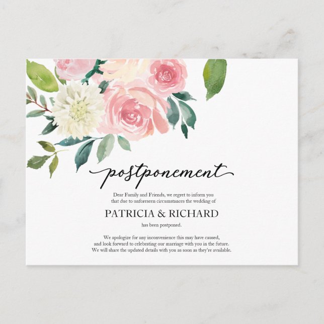 Postal Aplazamiento de boda floral rosa Chic Simple (Anverso)