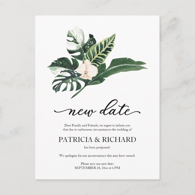 Postal Aplazamiento de Boda Floral Tropical Nueva Fecha (Anverso)