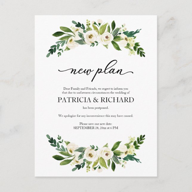 Postal Aplazamiento del Boda del plan floral verde nuevo (Anverso)