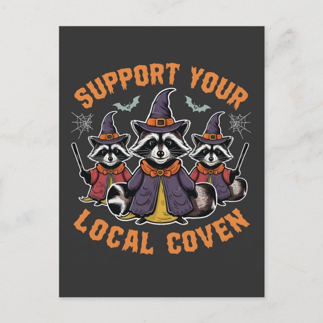 Postal Apoye a su cueva local Spooky Raccoon Halloween (Anverso)