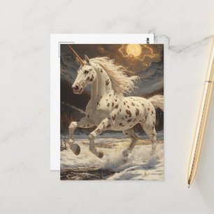 Postal Appaloosa Unicorn en Montañas Nevadas bajo la luz 