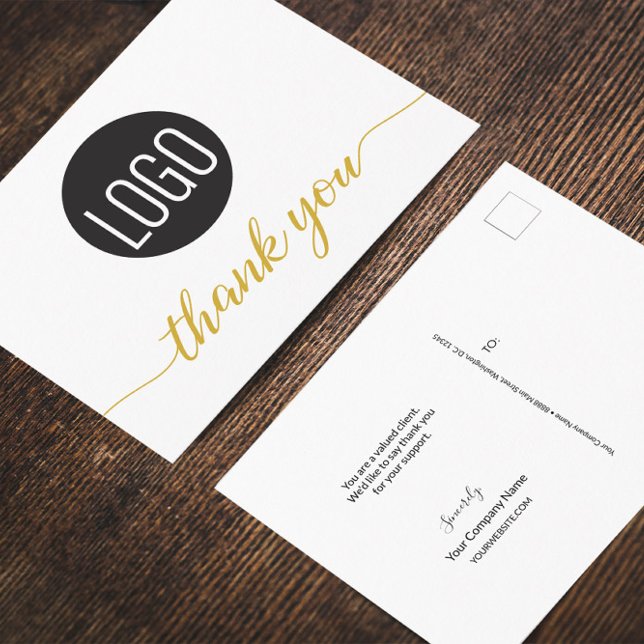 Postal Apreciación simple del cliente comercial Gracias (Large business logo with gold hue elegant thank you script postcard. Thank you message wording.)