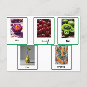 Postal aprender ortografía de frutos en inglés