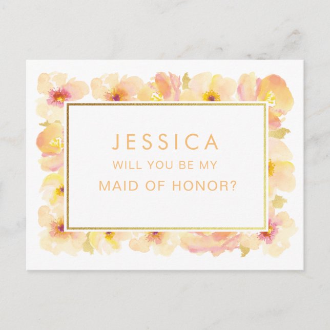 Postal Apricot Peach Watercolor Maid of Honor Request (Anverso)