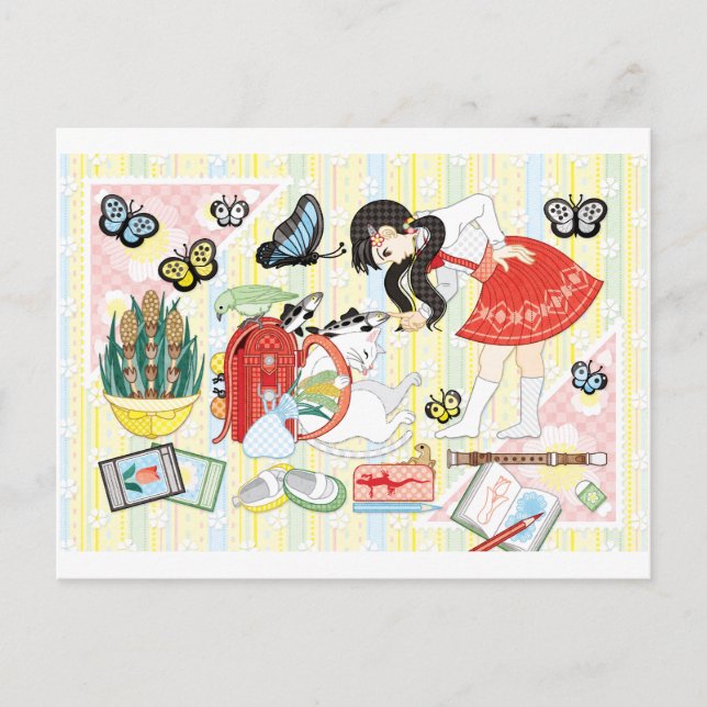 Postal April illustration "Cat and school bag" (Anverso)