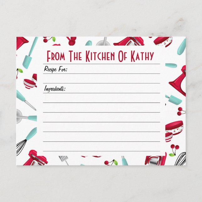 Postal Aqua and Red Kitchen Gadget Recipe Card (Anverso)