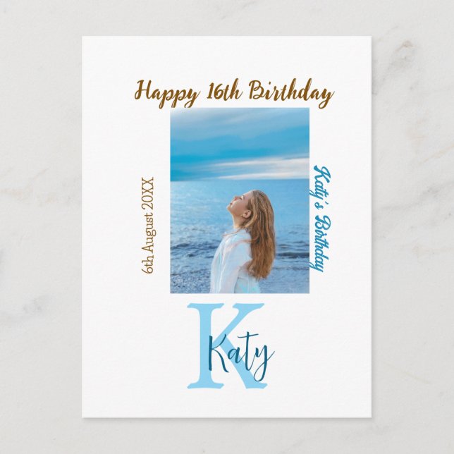 Postal Aqua azul marrón feliz nombre de foto de 16 años (Anverso)