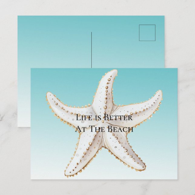 Postal Aqua Blue White Gold Starfish Beach (Anverso / Reverso)