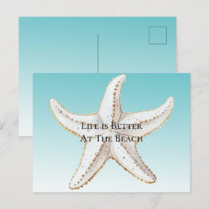 Postal Aqua Blue White Gold Starfish Beach