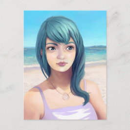 Postal Aqua - Chica de Bonitos de Blue Haired en la playa