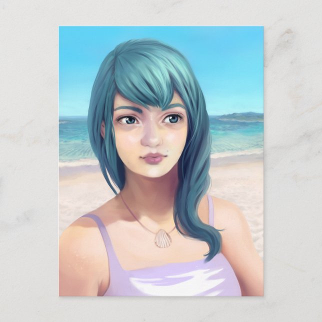 Postal Aqua - Chica de Bonitos de Blue Haired en la playa (Anverso)