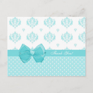 Postal Aqua Damask Con Puntos De Polka Gracias