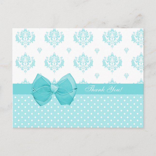 Postal Aqua Damask Con Puntos De Polka Gracias (Anverso)