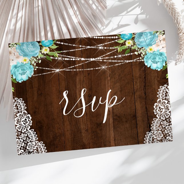 Postal Aqua Floral Rustic Wood String Lights Wedding RSVP (Subido por el creador)