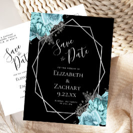 Postal Aqua Floral Silver Geo Frame Black Save the Date