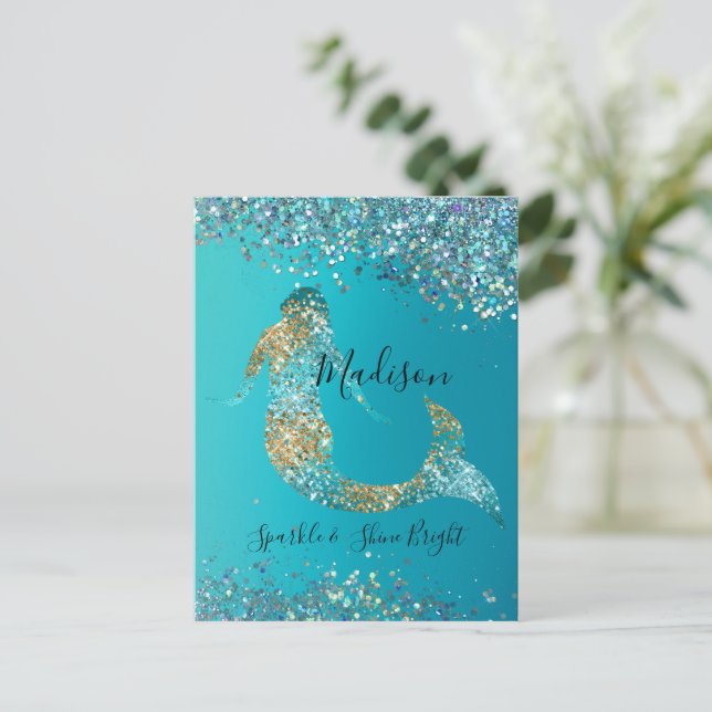 Postal Aqua Gold Purpurina Sparkle Mermaid (Anverso de pie)