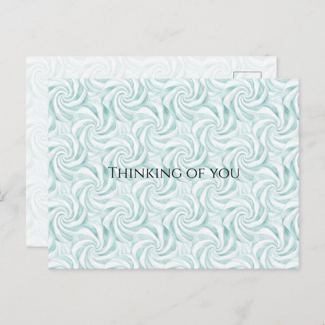 Postal Aqua Mint White Swirls Pensando en ti (Anverso / Reverso)