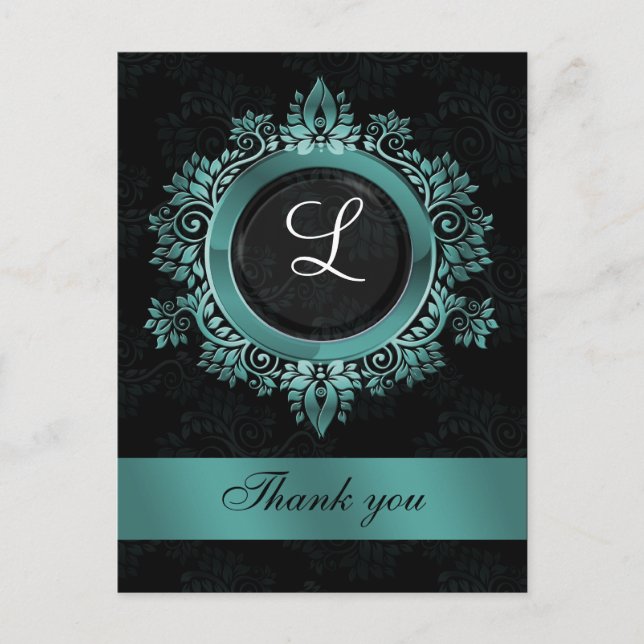 Postal aqua monogram boda gracias (Anverso)