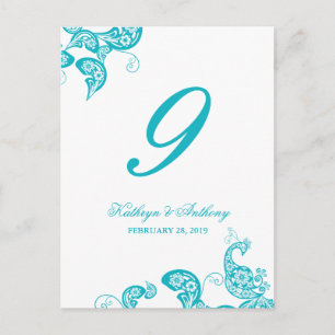 Postal Aqua Peacock Floral Paisley Boda Número de tabla
