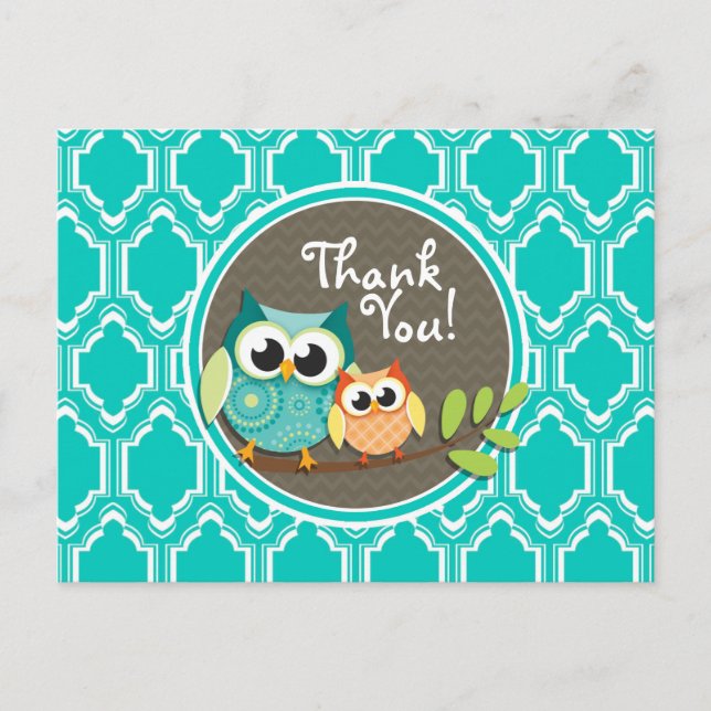 Postal Aqua Turquoise Retro Owls Baby Shower (Anverso)