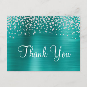 Postal Aqua Verde Teal Foil Diamante Confeti Gracias