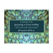Aqua Vibrant Peacock Boda Gracias Postcard