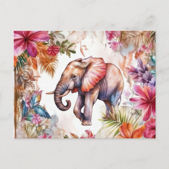 Postal Aquarell Illustration eines Elefanten im Dschungel (Anverso)