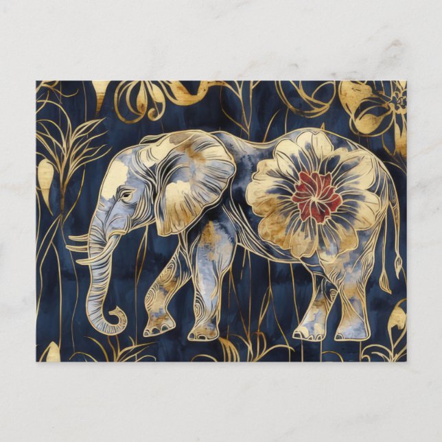 Postal Aquarell Illustration eines Elefanten mit Blumen (Anverso)