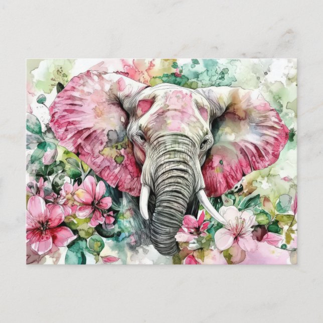 Postal Aquarell Illustration eines Elefanten mit Blumen (Anverso)