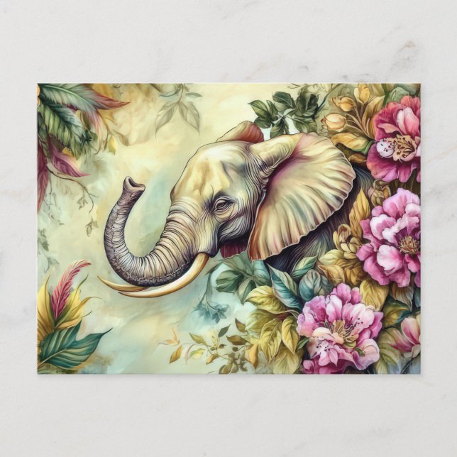 Postal Aquarell Illustration eines Elefanten mit Blumen (Anverso)