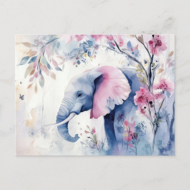 Postal Aquarell Illustration eines Elefanten mit Blumen (Anverso)