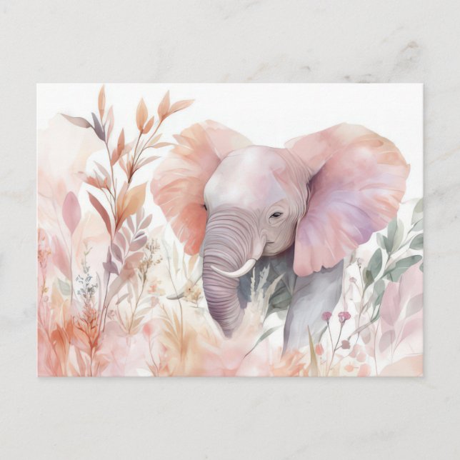 Postal Aquarell Illustration eines Elefanten mit Blumen (Anverso)