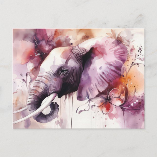 Postal Aquarell Illustration eines Elefanten mit Blumen (Anverso)