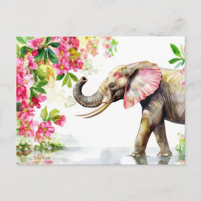 Postal Aquarell Illustration eines Elefanten mit Blumen (Anverso)