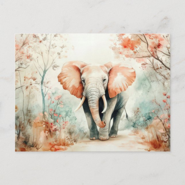 Postal Aquarell Illustration eines Elefanten mit Blumen (Anverso)