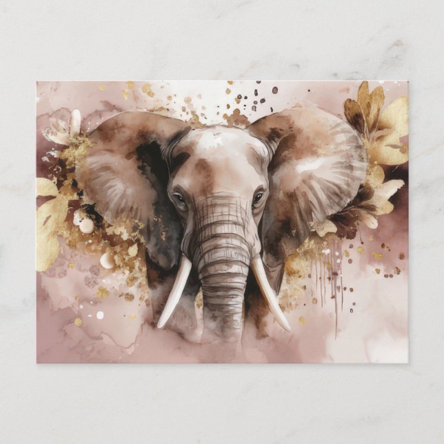 Postal Aquarell Illustration eines Elefanten mit Blumen (Anverso)