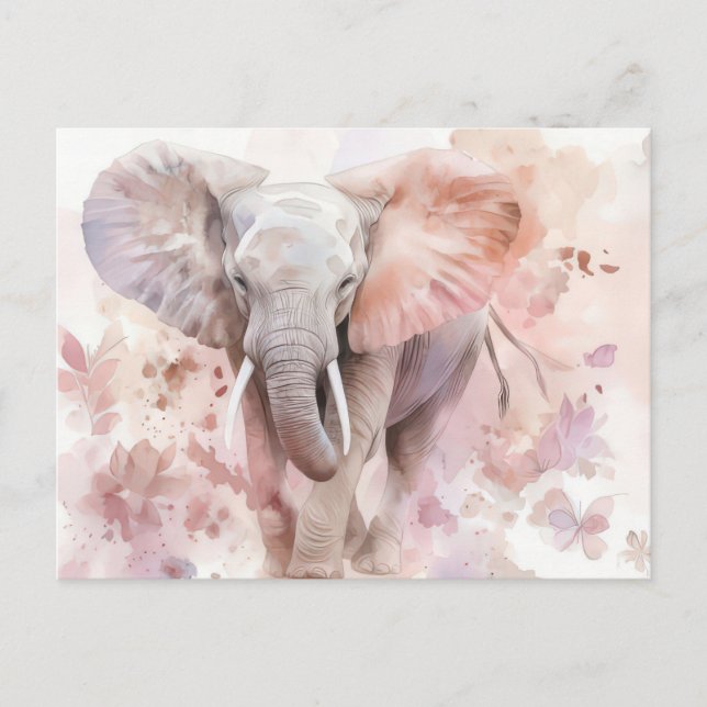 Postal Aquarell Illustration eines Elefanten mit Blumen (Anverso)