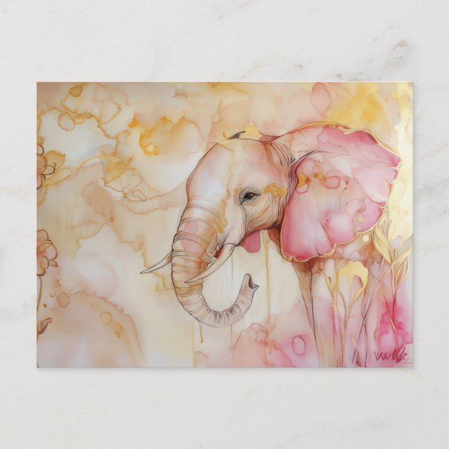 Postal Aquarell Illustration eines Elefanten mit gold (Anverso)