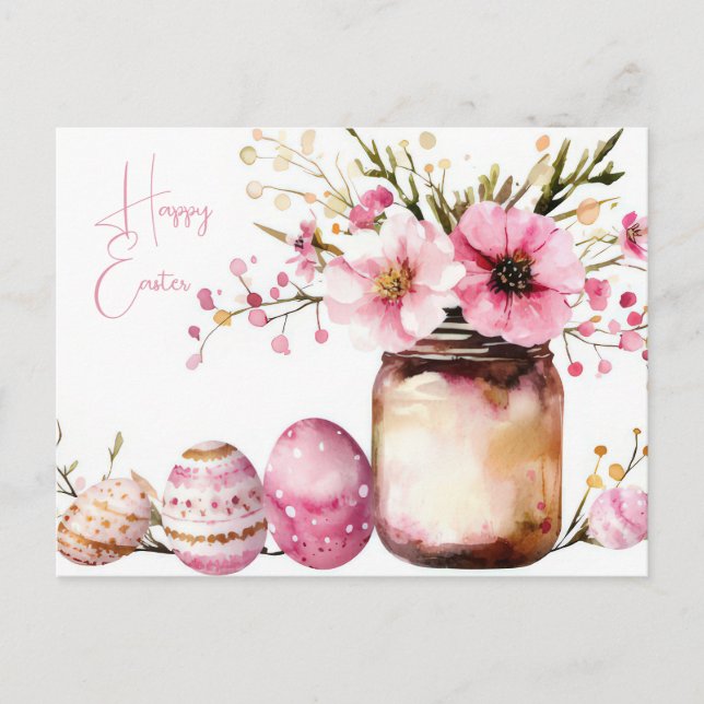 Postal Aquarell Oster Postkarte mit Ostereiern und Blumen (Anverso)