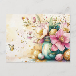 Postal Aquarell Oster Postkarte mit Ostereiern und Blumen