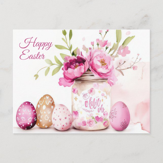 Postal Aquarell Oster Postkarte mit Ostereiern und Blumen (Anverso)