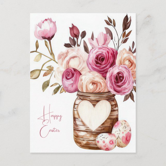 Postal Aquarell Oster Postkarte mit Ostereiern und Blumen (Anverso)