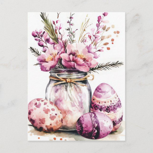 Postal Aquarell Oster Postkarte mit Ostereiern und Blumen (Anverso)