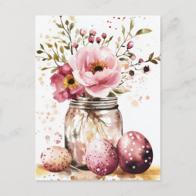 Postal Aquarell Oster Postkarte mit Ostereiern und Blumen (Anverso)