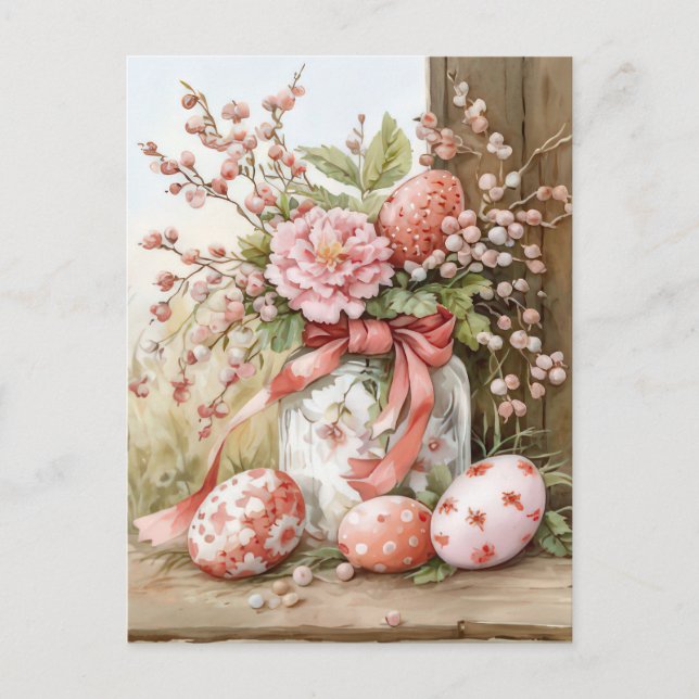 Postal Aquarell Oster Postkarte mit Ostereiern und Blumen (Anverso)